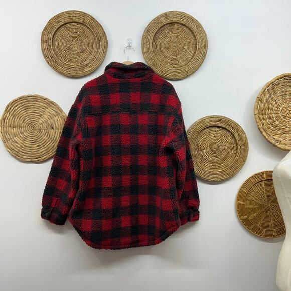 AEO American Eagle Red Plaid Button Teddy Sherpa Fleece Lumberjack Jacket Large - Picture 2 of 6